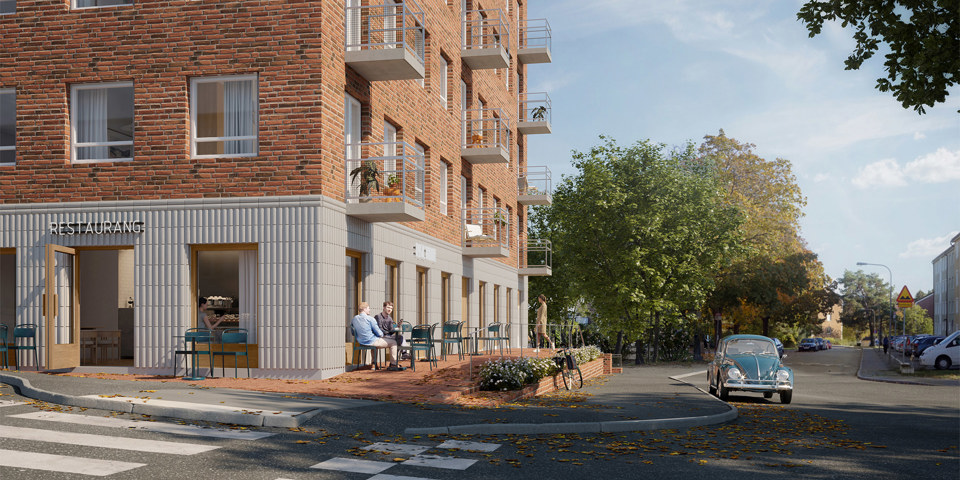 Illustration. Byggnad i fyra våningar, ljust material i bottenvåning och rött tegel i övriga våningar. Balkonger mot gatan. Lokal med skyltning "Restaurang" i bottenvåning och något upphöjd uteservering med rabatt mot gatan. 